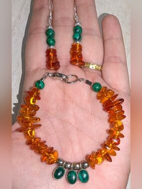 CUSTOM CW Baltic Amber and Green Malachite Sterling Silve Set